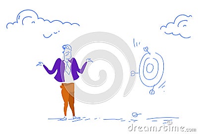 Grieved businessman miss unsuccessful shot target goal business failure concept confused man sketch doodle horizontal Vector Illustration