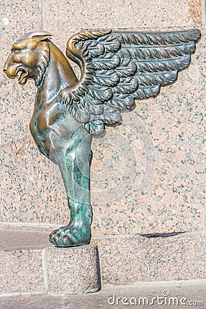 Griffin - bronze winged lion. Neva Embankment Stock Photo