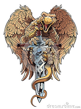 Griffon with sword. Heraldic design element. Vector Illustration