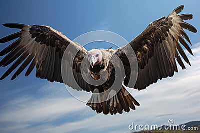 Griffon Vulture Gyps fulvus flying in the blue sky, Huge vulture in flight, low angle view, AI Generated Stock Photo