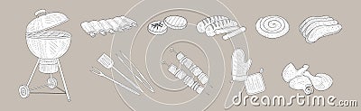 Grill and Barbecue Cookout Element and Object Vector Set Vector Illustration