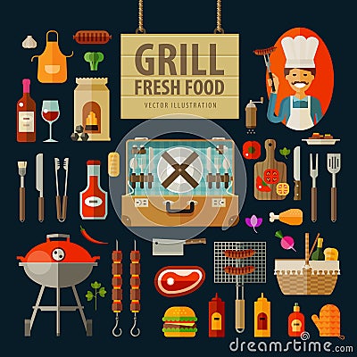 Grill, barbecue icons set. vector. flat Vector Illustration