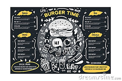 Grill BBq menu template on chalkboard. Cafe poster background, food icon, brochure template Vector Illustration