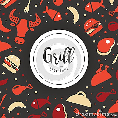 Grill Best Food Business Card Template, Hot Barbecue House, Restauran, Bistro Poster, Invitation, Flyer, Promo Design Vector Illustration