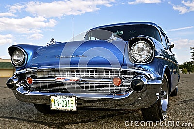 Grill of a classic 1957 Chevy at car show Editorial Stock Photo