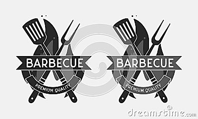 Barbecue restaurant logo. Grill fork and Spatula isolated on fire flame. Vintage BBQ emblem. Template. Vector illustration Vector Illustration