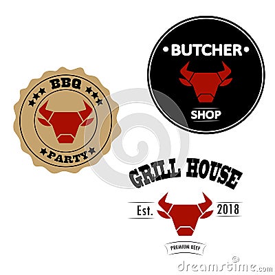 Grill house, butcher shop and bbq party vintage style logos or labels with red bull or cow head. Vector illustration Vector Illustration