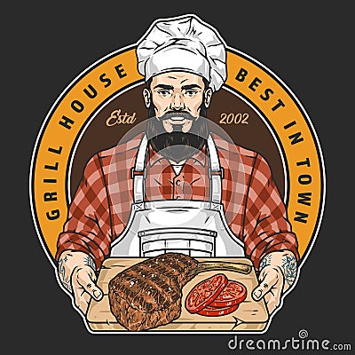 Grill house colorful detailed sticker Vector Illustration