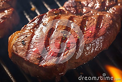 Grill magic Beef flank steak in close up, cooking with mouthwatering aroma Stock Photo