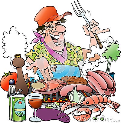 Grill master inviting to a grill party Vector Illustration