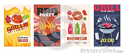 Grill party poster. Barbecue flyer templates with equipment for cooking and grilled roasted meat, outdoor picnic or Vector Illustration