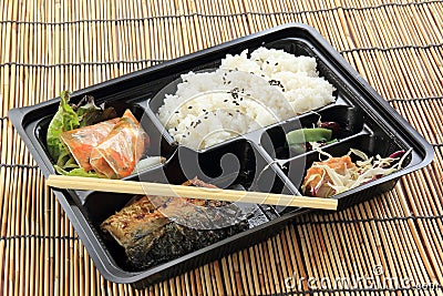 Grill Saba fish with steam rice in set box Stock Photo