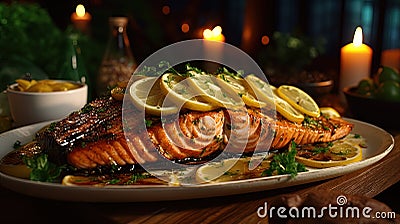 Grill salmon with lemon: omega-3 and a light evening dinner Cartoon Illustration