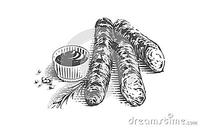 grill sausage hand drawing sketch engraving illustration style Vector Illustration