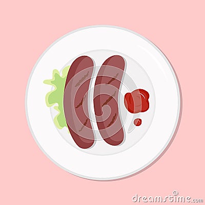 Grill sausages with salad healthy diet meal on plate. Vector illustration. Simple flat stock nutrition image. Breakfast barbeque Vector Illustration