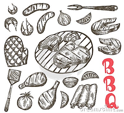 Grill Sketch food set. BBQ food is sausages, ribs, shrimp, salmon, steak, vegetables, chicken. Vector Illustration