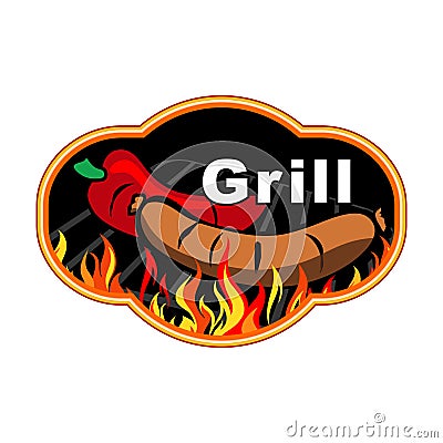 Grill sticker on fiery background Vector Illustration