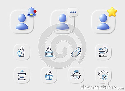Grill time, Water bottle and Cooking timer line icons. For web app, printing. Vector Vector Illustration