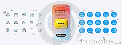 Grill tools, Inflation and Square meter line icons. For web app, printing. Phone mockup with 3d chat icon. Vector Vector Illustration