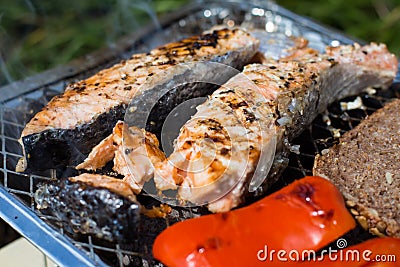 Grill with vegetables. Tomatoes, zucchini, chicken and cucumber. On the grid grill are fried vegetables. Stock Photo