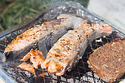 Grill with vegetables. Tomatoes, zucchini, chicken and cucumber. On the grid grill are fried vegetables. Stock Photo