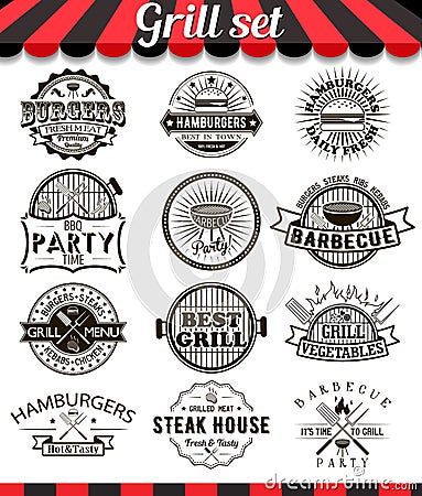 Grill vintage design elements and badges set Vector Illustration