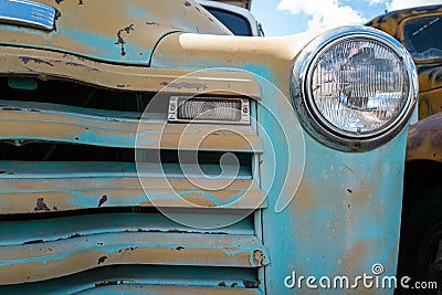 The grille and headlamp of an antique Chevrolet truck parked in Pomeroy, Washington, USA - May 4, 2021 Editorial Stock Photo