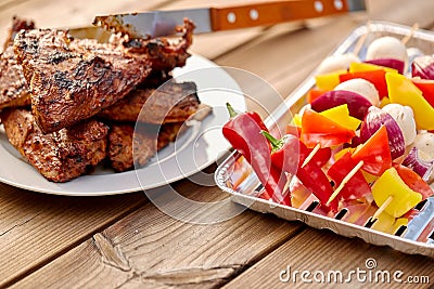 Grilled barbecue meat stack on plate Stock Photo