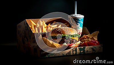 Grilled beef burger, fries, and cola meal generated by AI Stock Photo