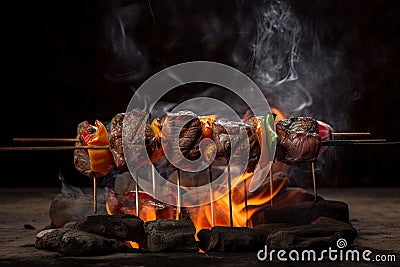 grilled beef shishkabob over open flame, with flames and smoke visible Stock Photo