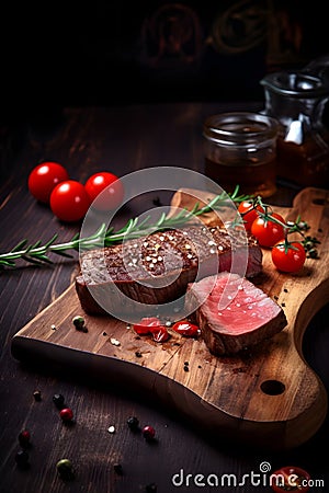 Grilled beef steak with cherry tomatoes on wooden cuttting board. Generative AI Stock Photo
