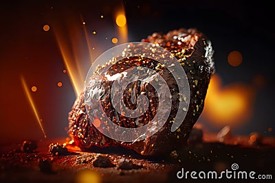 Grilled beef steak on a dark background with fire and smoke. Baked meat. Delicious dish. Artistic blur. Stock Photo