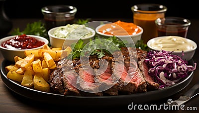 Grilled beef steak with gourmet sauce, served on a plate generated by AI Stock Photo