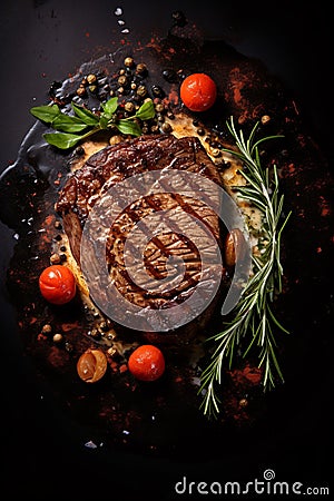 Grilled beef steak with rosemary and vegetables on a black background Stock Photo