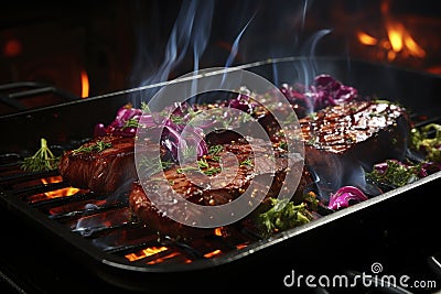 Grilled beef steak with vegetables, barbecue with fire and smoke, AI Generated Cartoon Illustration