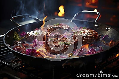 Grilled beef steak with vegetables, barbecue with fire and smoke, AI Generated Cartoon Illustration