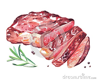 Grilled beef steak. Watercolor hand drawn illustration, isolated on white background Cartoon Illustration
