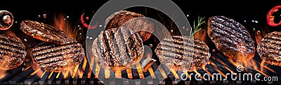 Grilled beef steaks in motion falling down on open grill. Conceptual photo of meat or barbeque cooking process Stock Photo