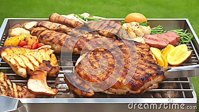 Grilled beef steaks with spices and herbs on bbq outdoor Ai Generative Stock Photo