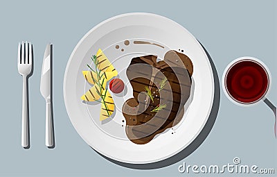 Grilled beef, t-bone steak and spices served on plate with red wine Vector Illustration