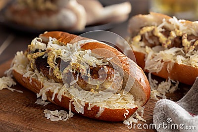 Grilled Bratwurst on a Bun Stock Photo