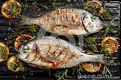 Grilled bream fish, dorada fish with the addition of spices, herbs and lemon on the grill barbecue Stock Photo