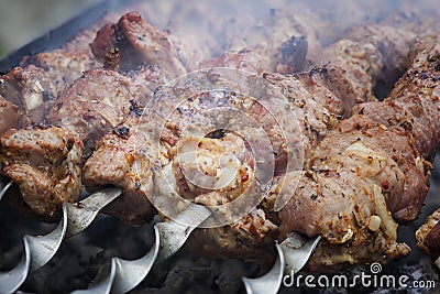 Grilled Caucasus barbecue in smoke. Shallow depth of field Stock Photo