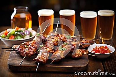 grilled chicken on bamboo skewers with a beer flight Stock Photo