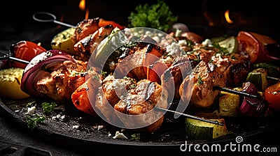 Grilled Chicken Barbecue Roasted Shish Kebab Served on a Plate Blurry Background Stock Photo