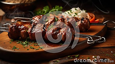 Grilled Chicken Barbecue Roasted Shish Kebab Served on a Plate Blurry Background Stock Photo