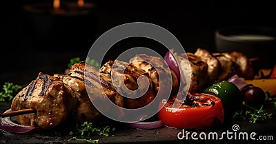 Grilled Chicken Barbecue Roasted Shish Kebab Served on a Plate Blurry Background Stock Photo