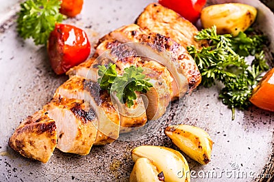 Grilled chicken breast in different variations with cherry tomat Stock Photo