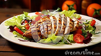 grilled chicken breast with vegetable garnish, chicken breast, plate, salad. AI Generative Stock Photo