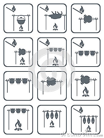 Grilled chicken of cooking on campfire icons Vector Illustration